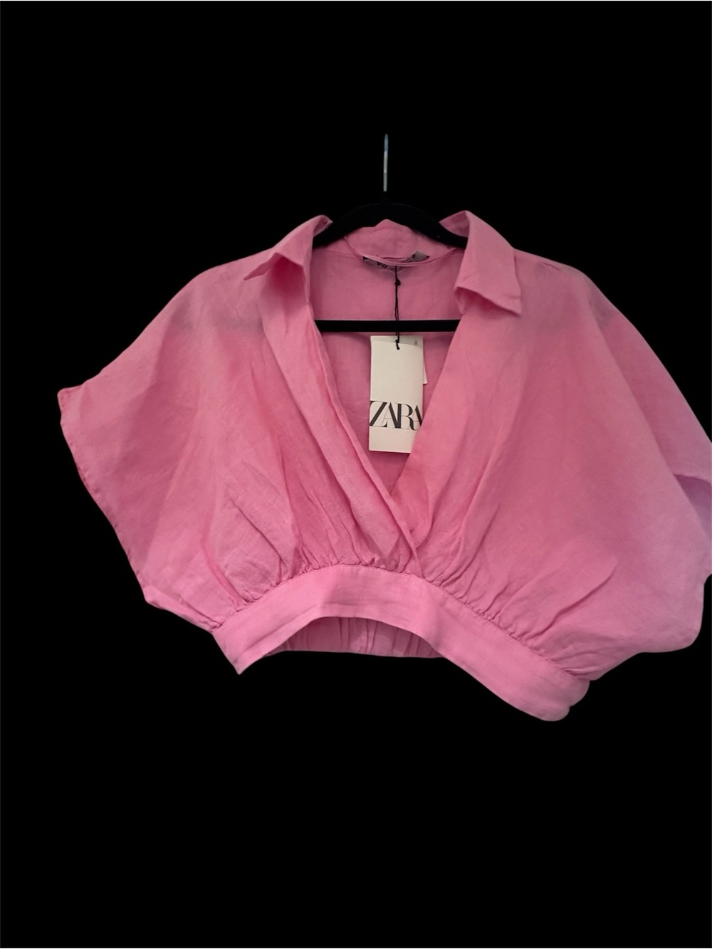 NWT ZARA 100% Linen Hot Pink Cropped V-Neck  Cap Sleeve Top Size S